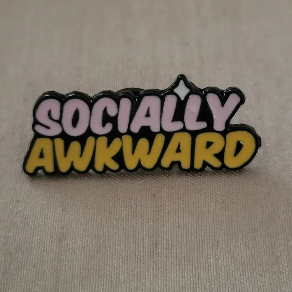 Socially Awkward funny lapel pin, pink & yellow enamel